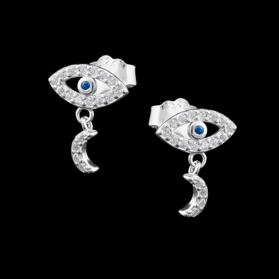 Pendientes de Plata Ojo Turco con Luna y Circonitas | La Joya de Plata