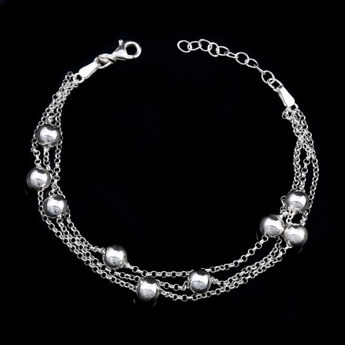 Pulsera de Tres Hilos y Bolas de Plata de Ley