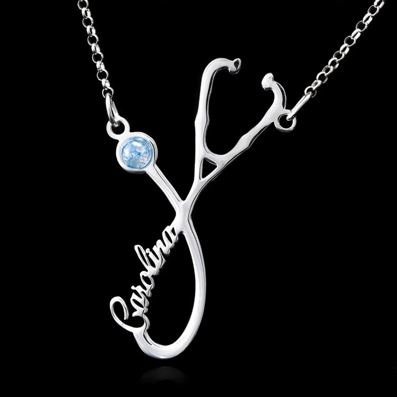 Colgante Estetoscopio de Plata Personalizado con Nombre y Circonita
